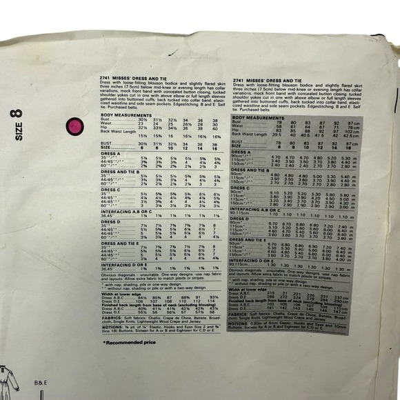 Vogue 2741 Sewing Pattern Dress Gown Tie Size 8 UC VTG Loose Maxi Below Knee - Picture 3 of 4